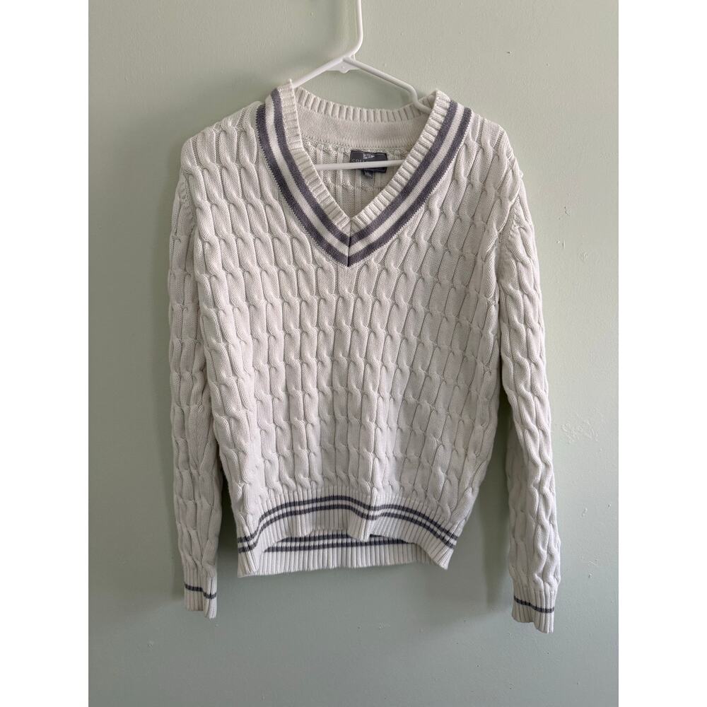 Preppy Cable Knit Gray Accents Old Money V-Neck Sweater 100% Cotton Folklore - Picture 2 of 8